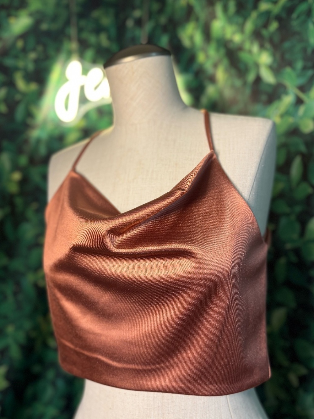 Chocolate Satin Halter Crop Top Open Back Cowl Neck